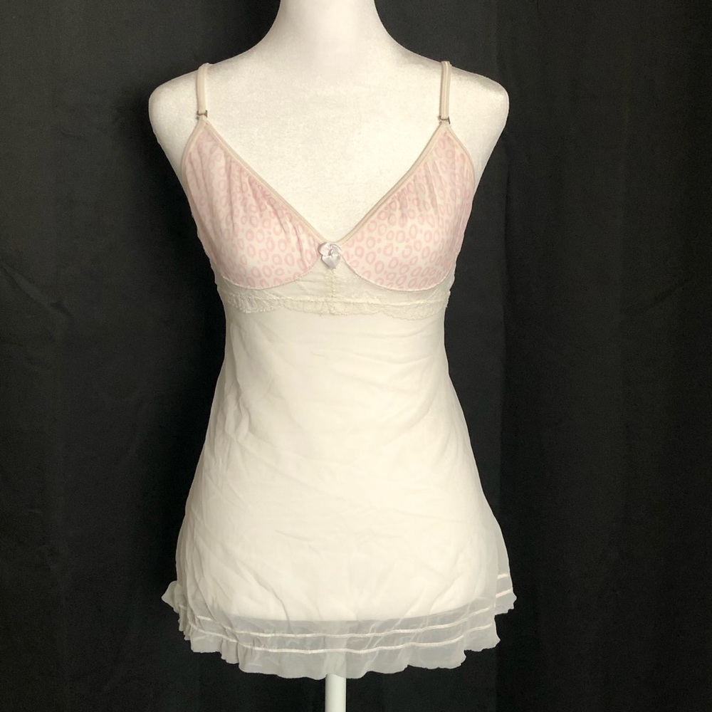 White and Pink Mesh Lace Trim Chemise